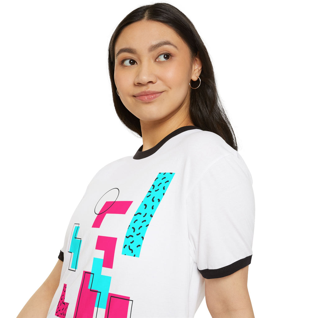 Retro Memphis Geometric Ringer Tee — 80s Neon Shapes T-Shirt