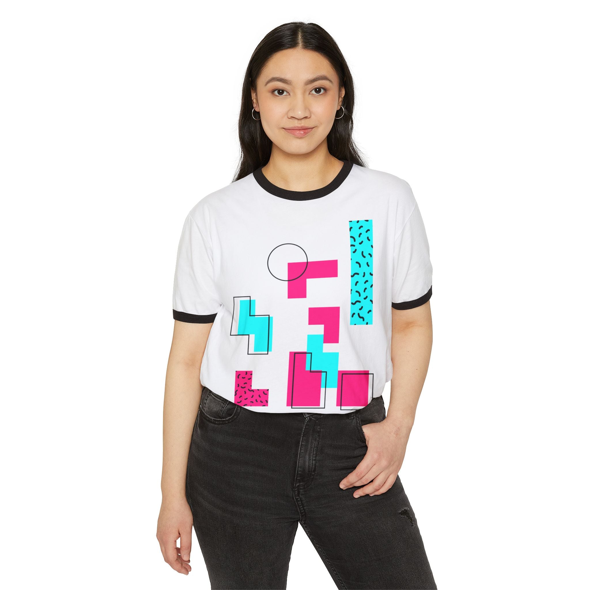Retro Memphis Geometric Ringer Tee — 80s Neon Shapes T-Shirt