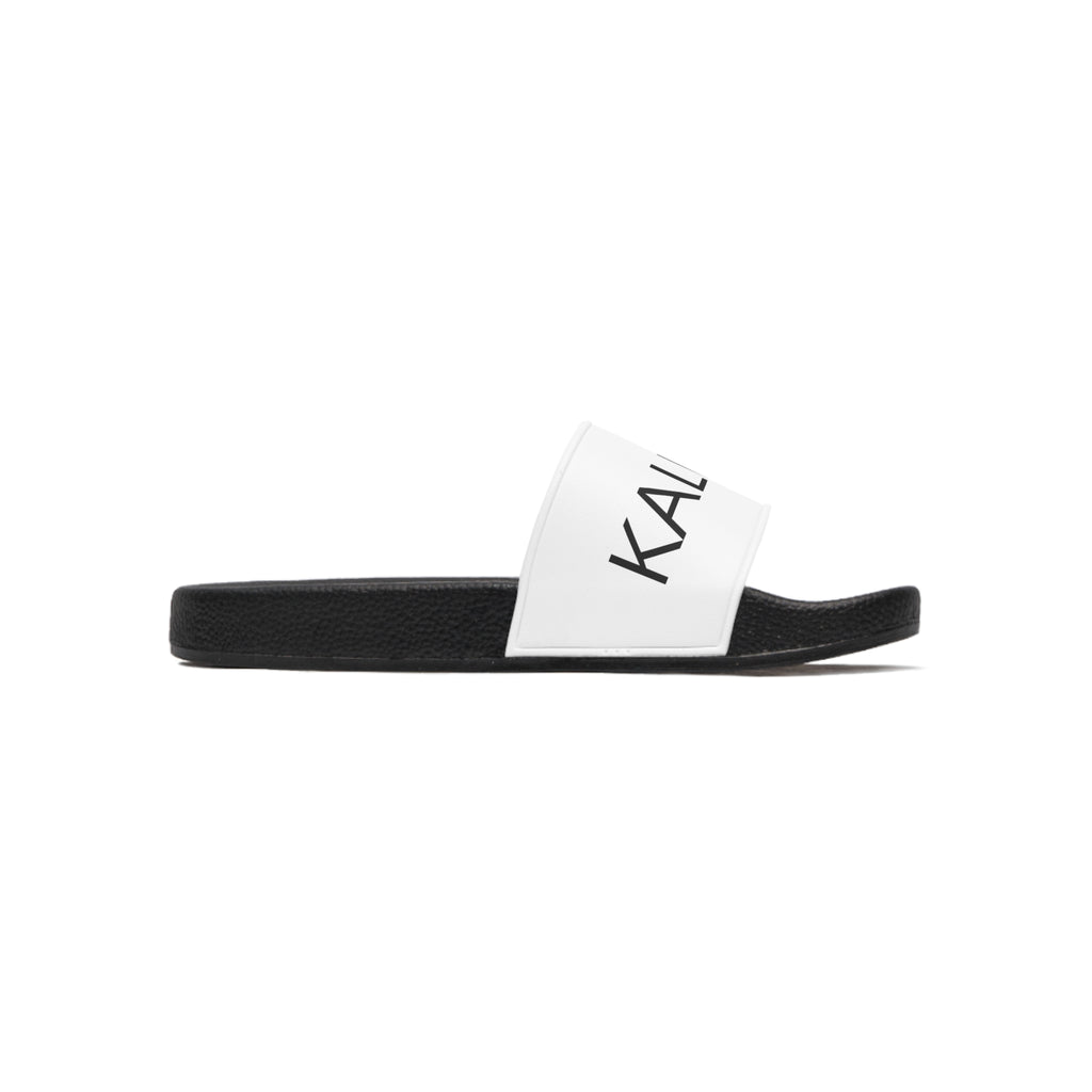 KALIVARO Classic Men’s Slide Sandals — Black Footbed, White Logo Strap