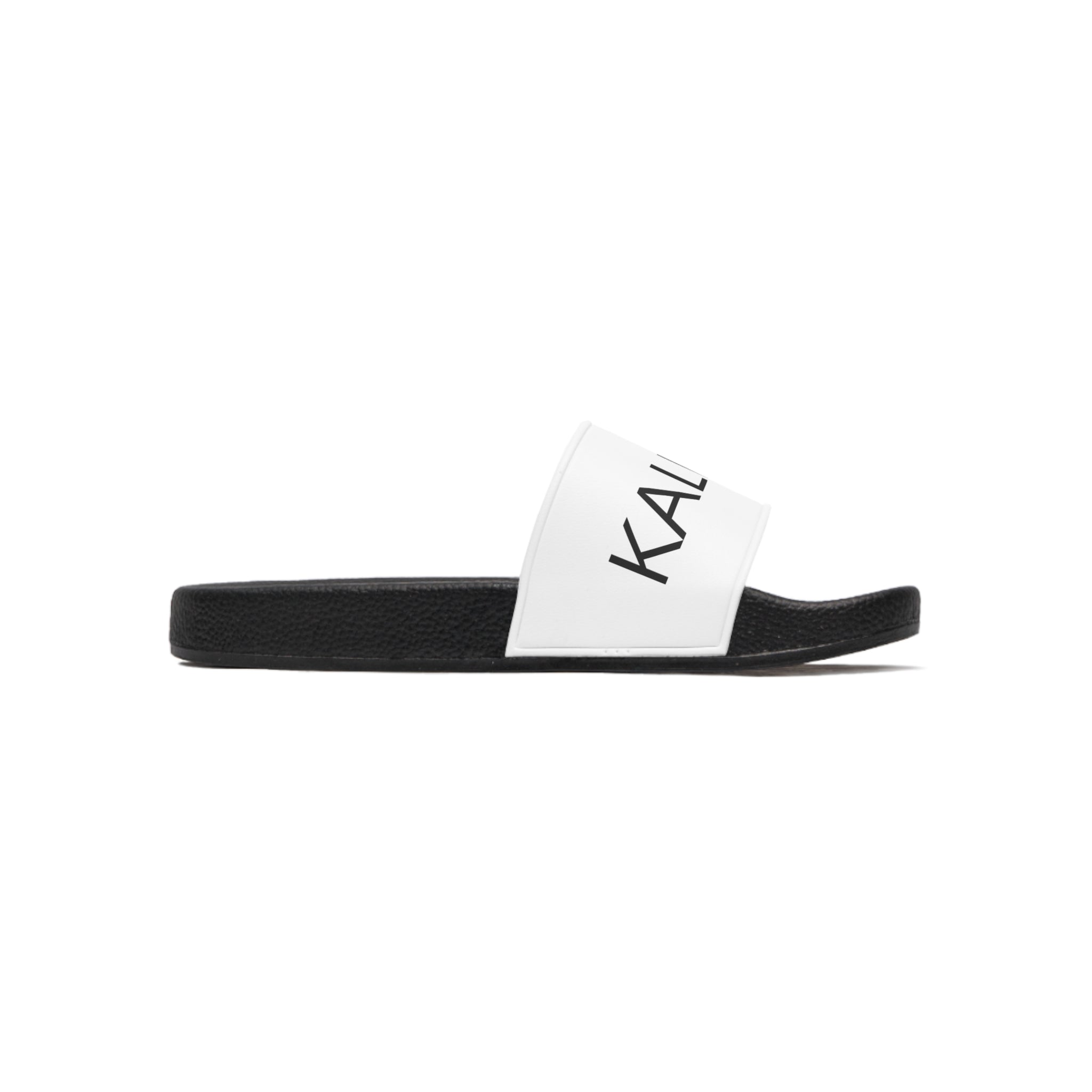 KALIVARO Classic Men’s Slide Sandals — Black Footbed, White Logo Strap