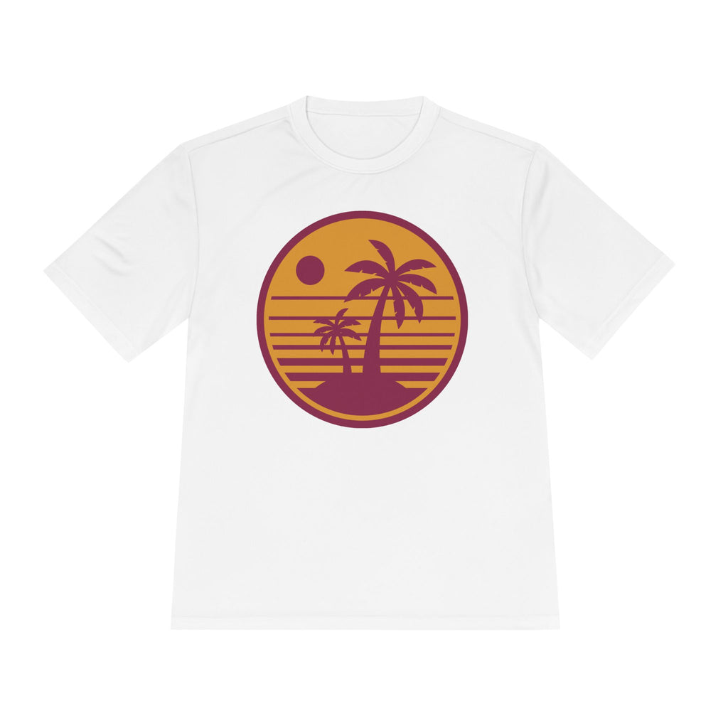 Tropical Sunset Palm Tee — Moisture-Wicking Beach Shirt
