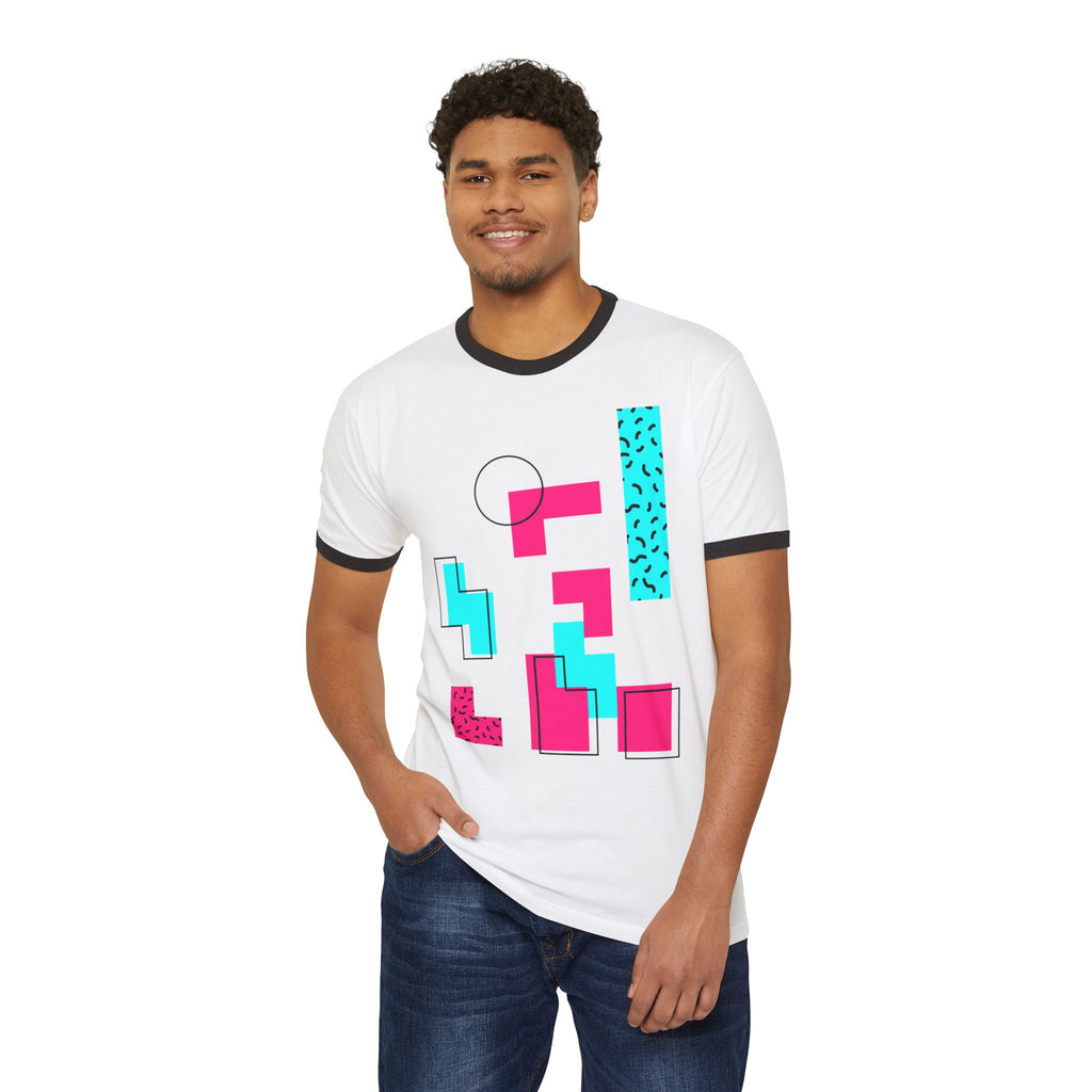 Retro Memphis Geometric Ringer Tee — 80s Neon Shapes T-Shirt