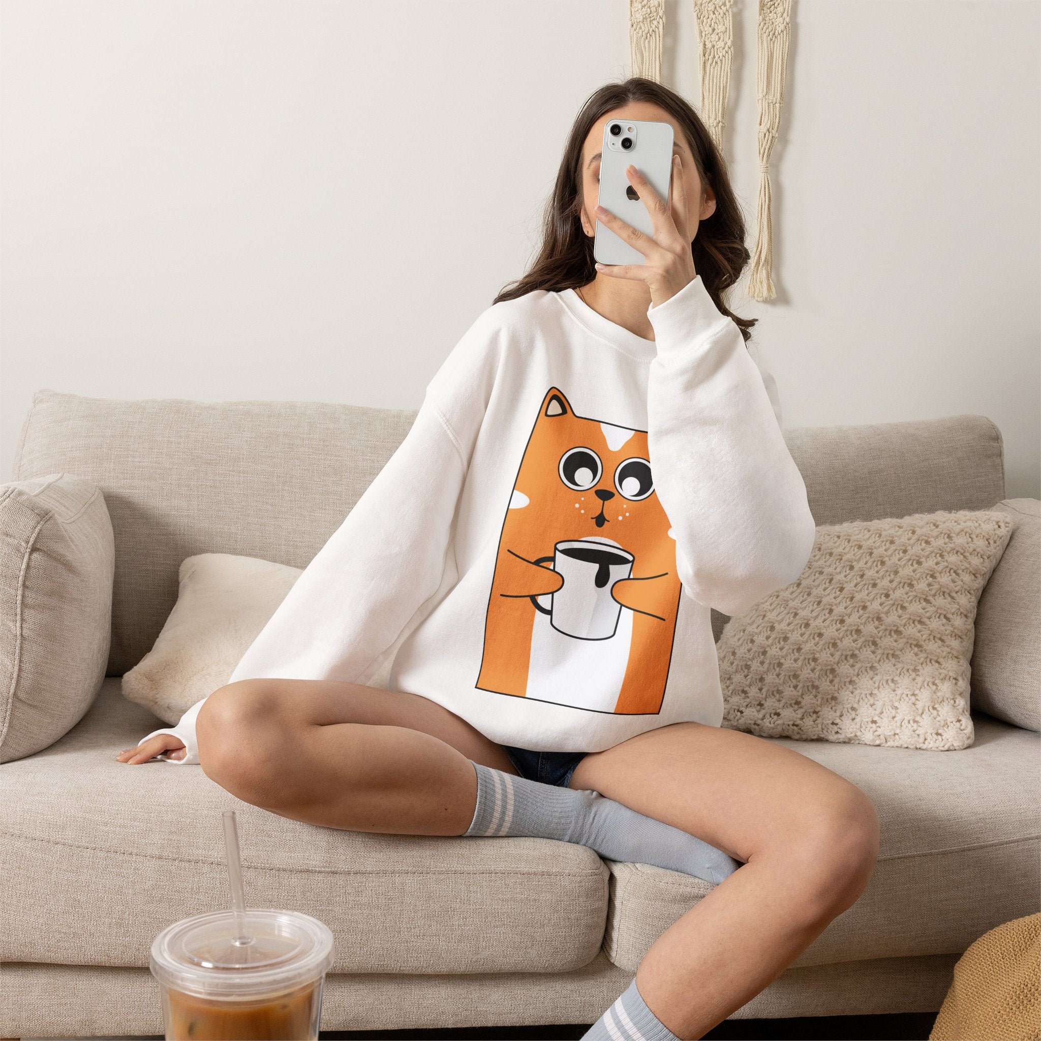 Cat with Coffee Crewneck Sweatshirt