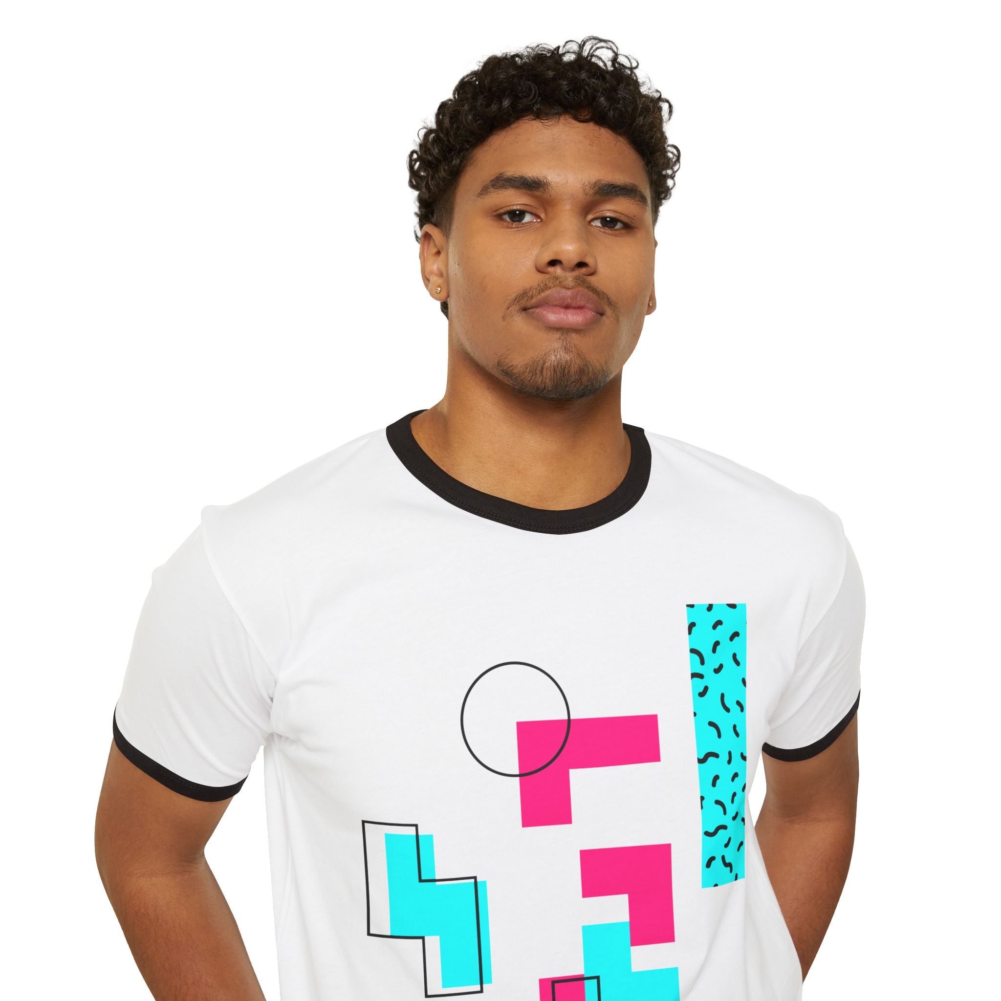 Retro Memphis Geometric Ringer Tee — 80s Neon Shapes T-Shirt