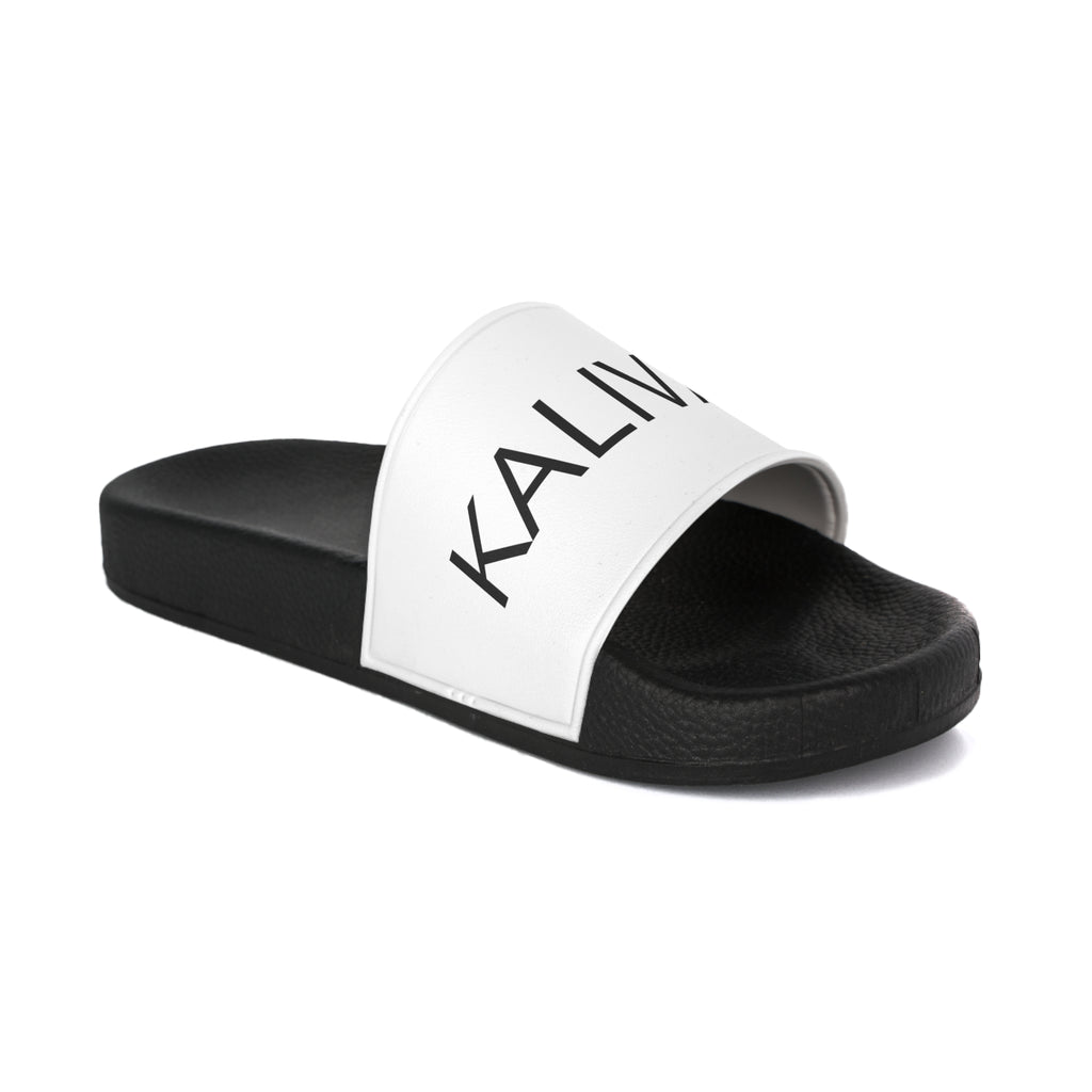 KALIVARO Classic Men’s Slide Sandals — Black Footbed, White Logo Strap
