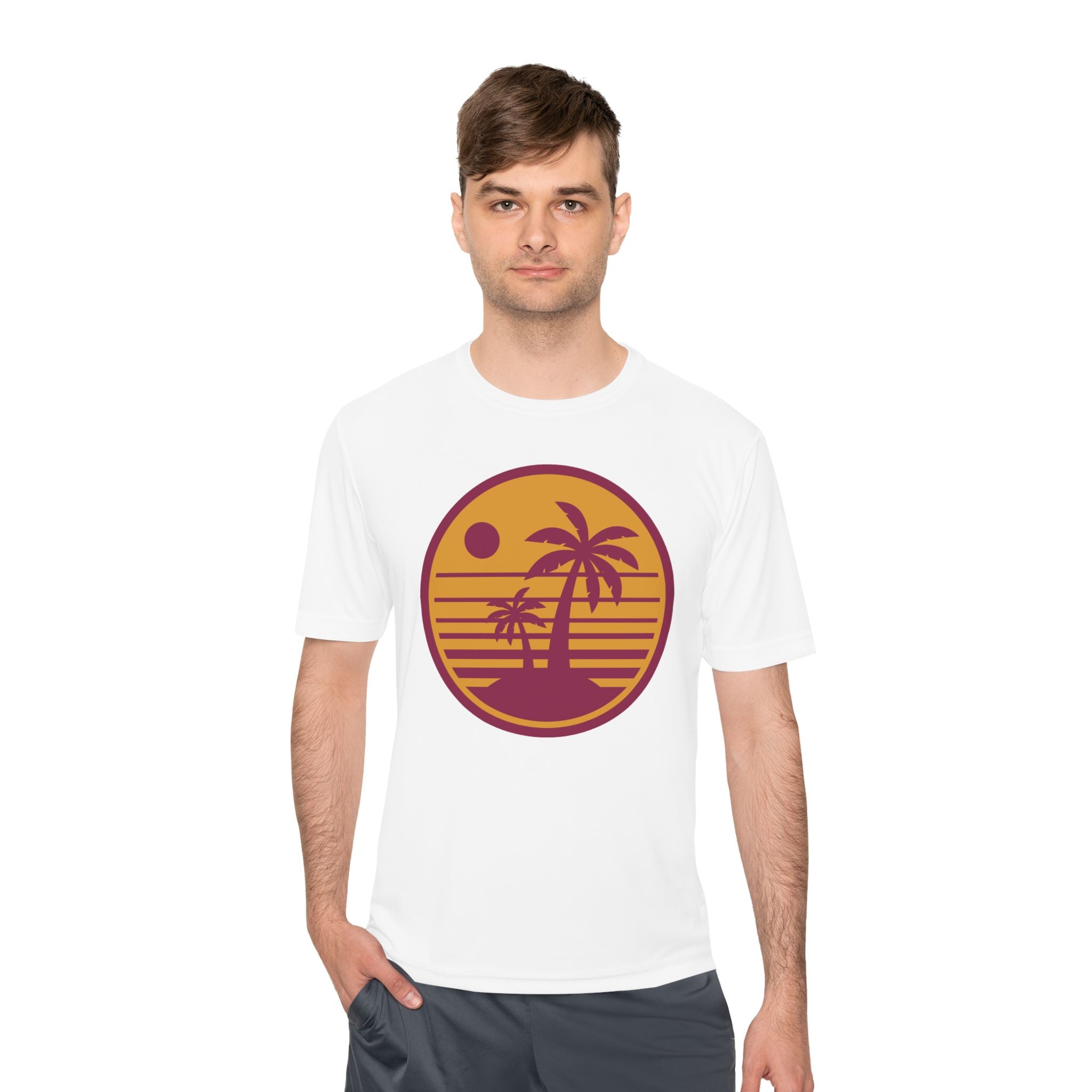 Tropical Sunset Palm Tee — Moisture-Wicking Beach Shirt