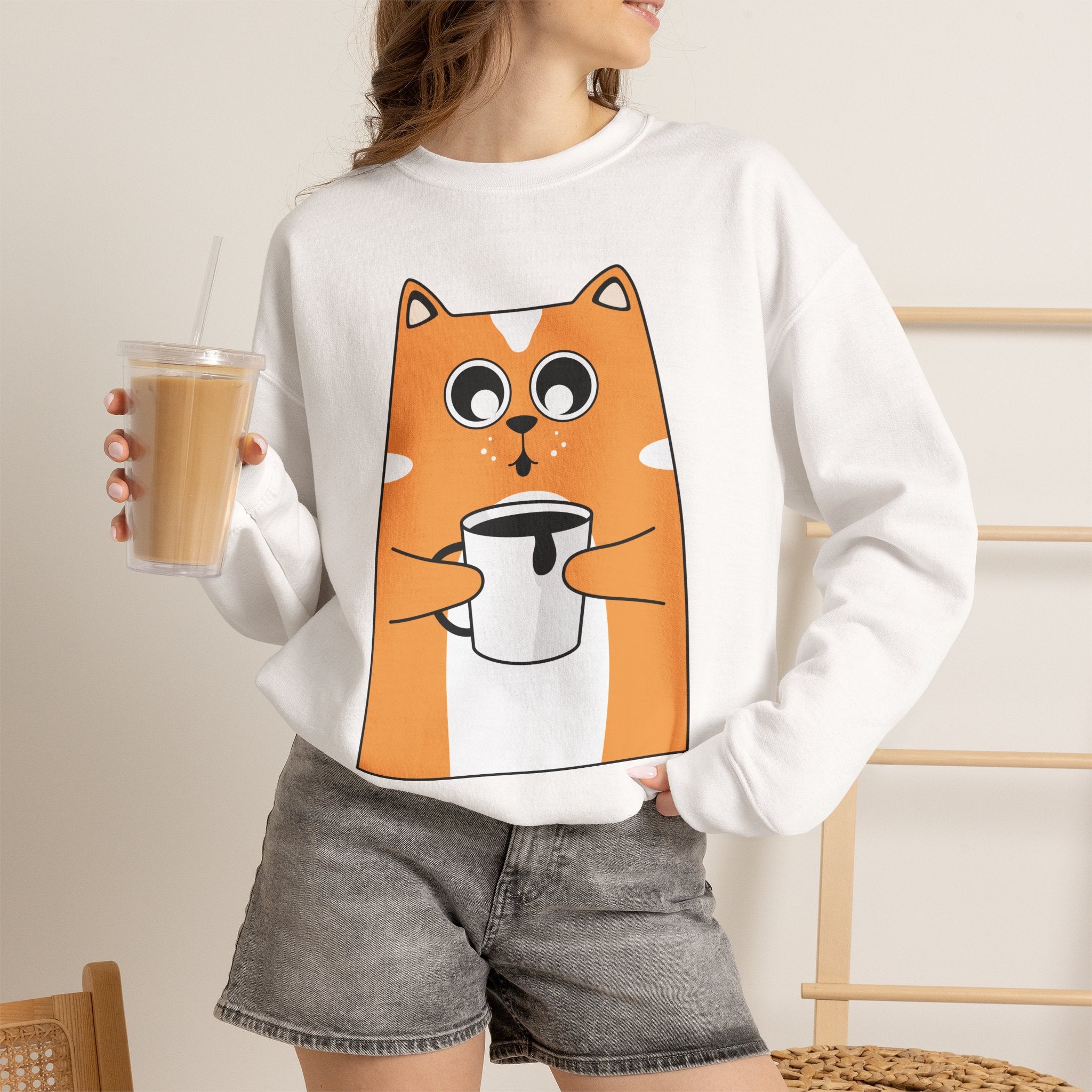 Cat with Coffee Crewneck Sweatshirt