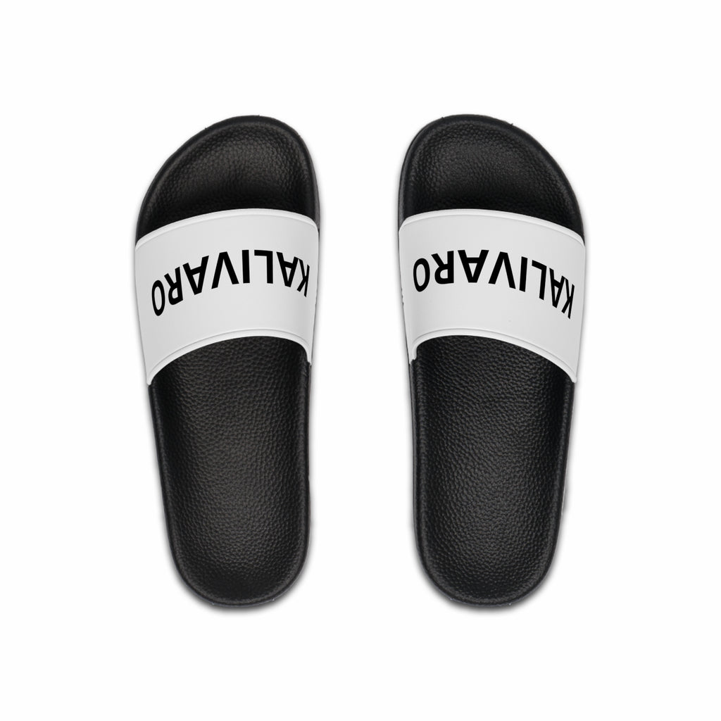 KALIVARO Classic Men’s Slide Sandals — Black Footbed, White Logo Strap