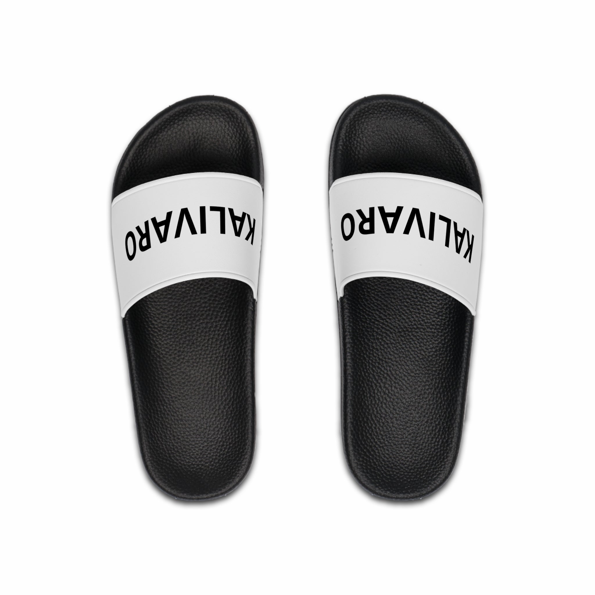 KALIVARO Classic Men’s Slide Sandals — Black Footbed, White Logo Strap