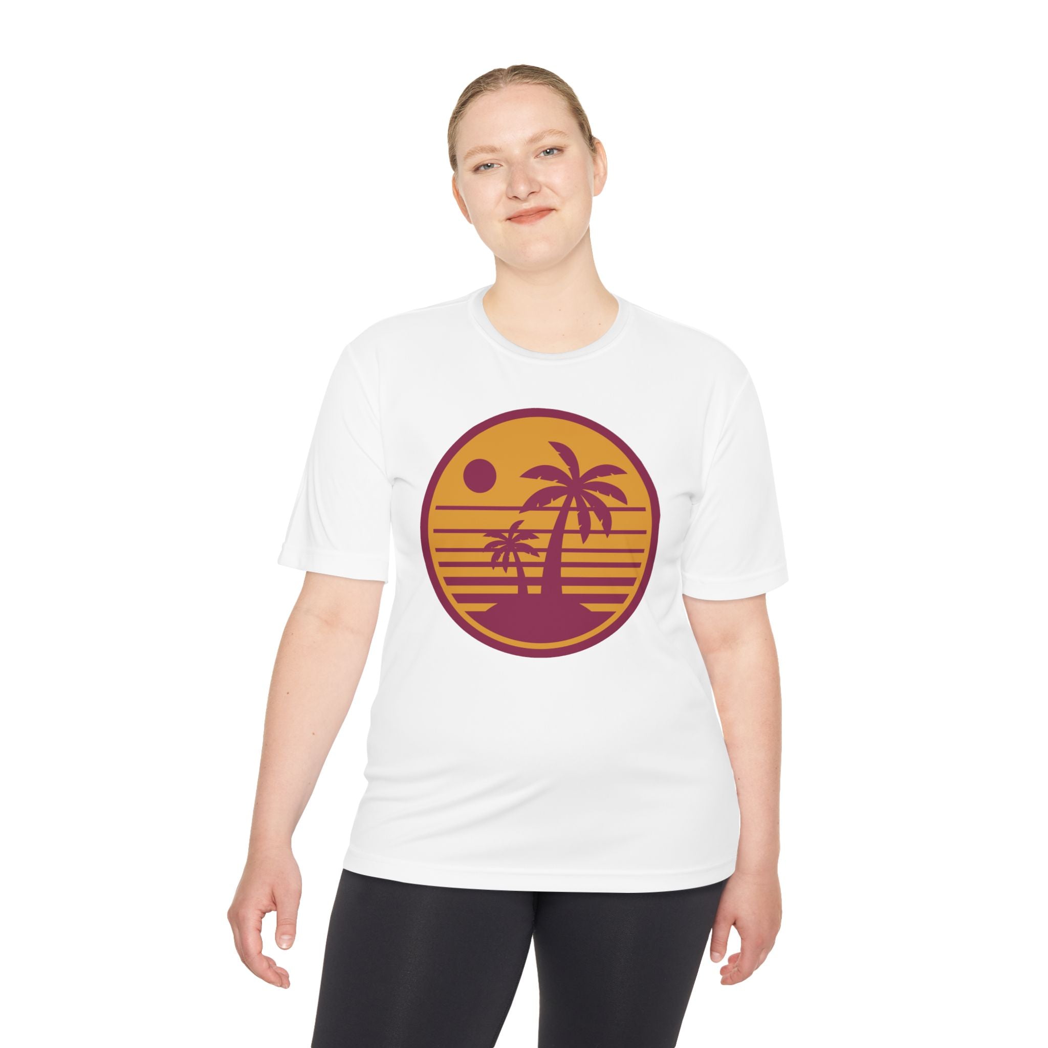 Tropical Sunset Palm Tee — Moisture-Wicking Beach Shirt